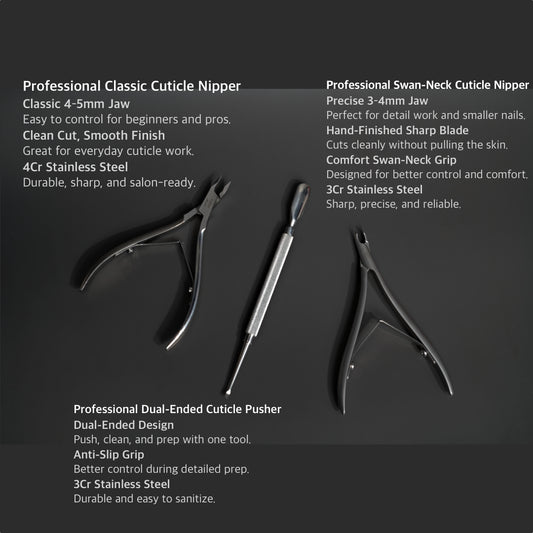 Complete Cuticle Tool Set, 2 Nippers + Pusher